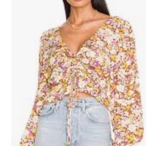 Sanctuary Drawstring Sunny Field Floral Print Cropped Long Sleeve Top Size Large